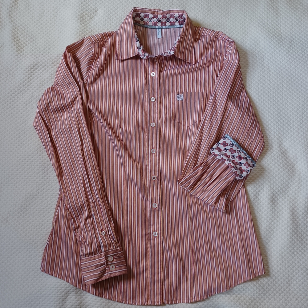 Cinch Women's Pink Striped Button Down Shirt with Floral Trim - Picture 7 of 9